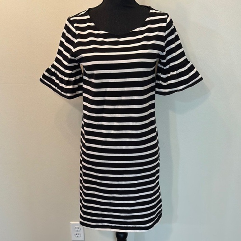 J Crew Women's Striped Ruffle Sleeve Dress S black white 100% Cotton Mid Casual
